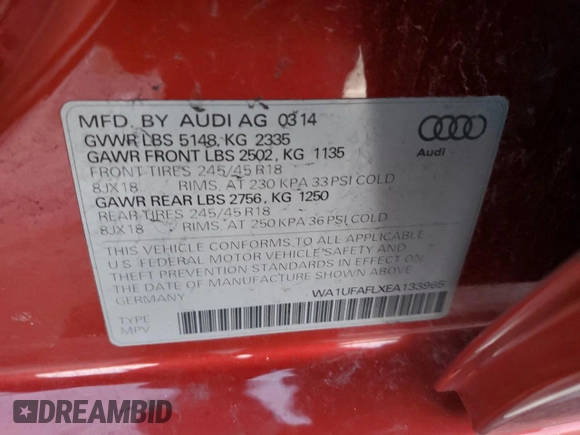 2014 Audi allroad Premium Plus with VIN WA1UFAFLXEA133965, listed as a Copart auction lot 85428384 with 143,511 mi miles and Salvage Title. Bid and sale history available at carsss.com. Image 13.