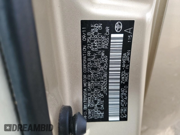 2011 Toyota Prius I with VIN JTDKN3DU8B1425469, listed as a Copart auction lot 54538205 with 149,303 mi miles and Salvage title. Bid and sale history available at DreamBid. Image 12.