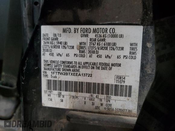 2014 Ford Super Duty F-250 SRW XL with VIN 1FT7W2BTXEEA13722, listed as a Copart auction lot 45193255 with 277,284 mi miles and Salvage Title. Bid and sale history available at carsss.com. Image 12.