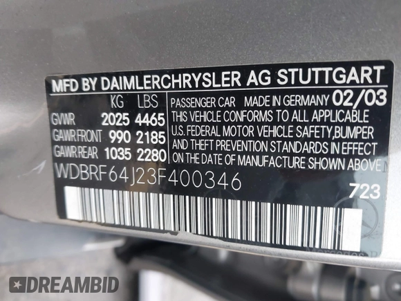 2003 Mercedes-Benz C 320 with VIN WDBRF64J23F400346, listed as a IAAI auction lot 41206060 with 150,565 mi miles and . Bid and sale history available at DreamBid. Image 9.