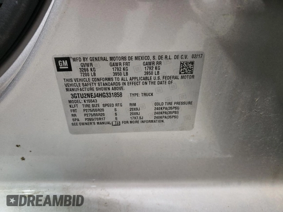 2017 GMC Sierra 1500 SLT z VIN 3GTU2NEJ4HG331858, wystawiony jako Copart lot #53089185 z przebiegiem 33 242 mil mil oraz Szkoda całkowita • Salvage title. Historia ofert i sprzedaży dostępna na DreamBid. Obrazek 14.