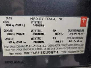 2020 Tesla Model S Long Range with VIN 5YJSA1E22LF369714, listed as a Copart auction lot 51209085 with 92,988 mi miles and Salvage Title. Bid and sale history available at DreamBid. Image 15.