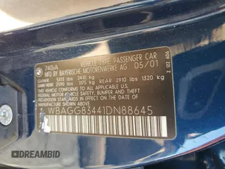 2001 BMW 7 Series 740iA with VIN WBAGG83441DN88645, listed as a Copart auction lot 81618074 with 0 mi miles and Clean Title. Bid and sale history available at carsss.com. Image 12.