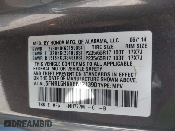 2014 Honda Odyssey EX-L with VIN 5FNRL5H6XEB121390, listed as a IAAI auction lot 42480217 with 291,766 mi miles and . Bid and sale history available at DreamBid. Image 9.