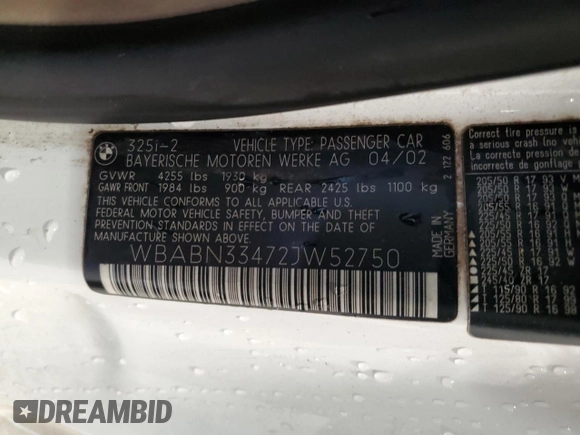2002 BMW 3 Series 325Ci with VIN WBABN33472JW52750, listed as a Copart auction lot 79733074 with 188,991 mi miles and Salvage title. Bid and sale history available at DreamBid. Image 12.
