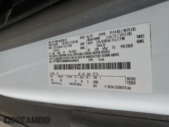 2021 Ford Transit Cargo with VIN 1FTBR1X88MKA24623, listed as a Copart auction lot 50757105 with 82,929 mi miles and Salvage Title. Bid and sale history available at DreamBid. Image 13.