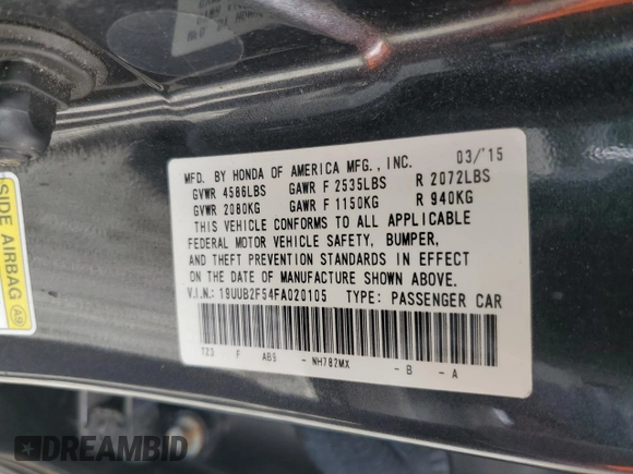 2015 Acura TLX Technology with VIN 19UUB2F54FA020105, listed as a Copart auction lot 57298795 with 104,064 mi miles and Clean title. Bid and sale history available at DreamBid. Image 12.