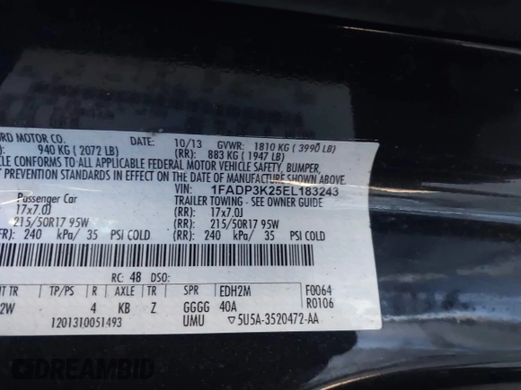 2014 Ford Focus SE with VIN 1FADP3K25EL183243, listed as a IAAI auction lot 41711685 with 222,008 mi miles. Bid and sale history available at carsss.com. Image 9.