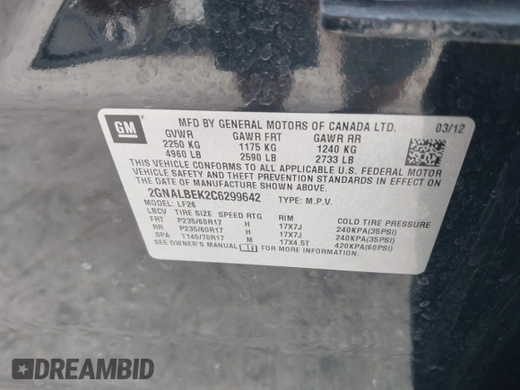 2012 Chevrolet Equinox LS with VIN 2GNALBEK2C6299642, listed as a IAAI auction lot 41941926 with 173,294 mi miles and . Bid and sale history available at DreamBid. Image 9.
