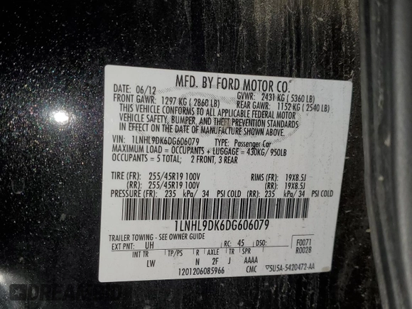 2013 Lincoln MKS with VIN 1LNHL9DK6DG606079, listed as a Copart auction lot 87322174 with 133,383 mi miles and Salvage Title. Bid and sale history available at DreamBid. Image 12.