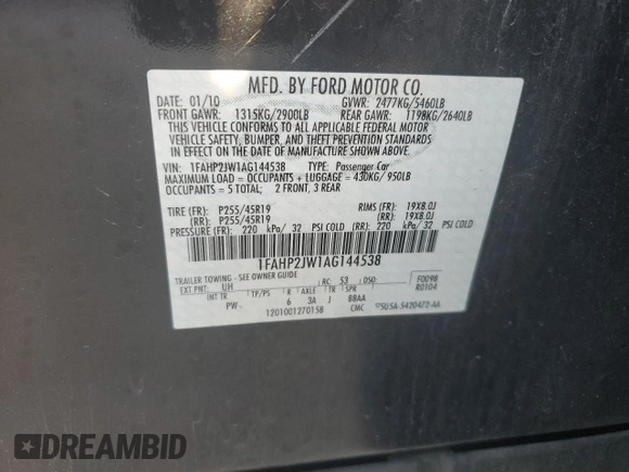 2010 Ford Taurus Limited z VIN 1FAHP2JW1AG144538, wystawiony jako Copart lot #63419925 z przebiegiem Nie podano mil oraz Szkoda całkowita • Salvage title. Historia ofert i sprzedaży dostępna na DreamBid. Obrazek 12.