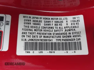 2012 Honda Insight EX with VIN JHMZE2H78CS001541, listed as a IAAI auction lot 42369924 with Not provided miles and . Bid and sale history available at DreamBid. Image 9.