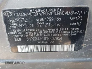 2013 Hyundai Sonata GLS with VIN 5NPEB4AC1DH607954, listed as a IAAI auction lot 42063892 with 116,306 mi miles and . Bid and sale history available at carsss.com. Image 9.