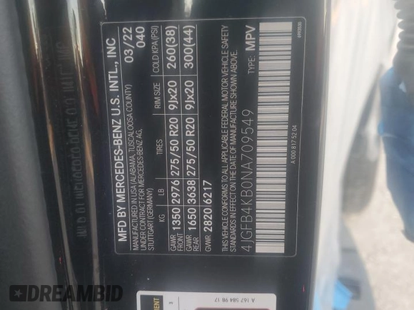 2022 Mercedes-Benz GLE 350 with VIN 4JGFB4KB0NA709549, listed as a Copart auction lot 57390995 with 24,344 mi miles and Salvage title. Bid and sale history available at DreamBid. Image 13.