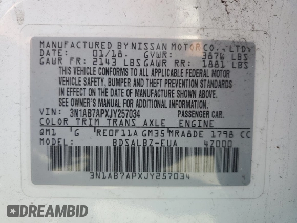 2018 Nissan Sentra S z VIN 3N1AB7APXJY257034, wystawiony jako Copart lot #59637185 z przebiegiem 185 883 mil mil oraz Czysty tytuł • Clean title. Historia ofert i sprzedaży dostępna na DreamBid. Obrazek 12.