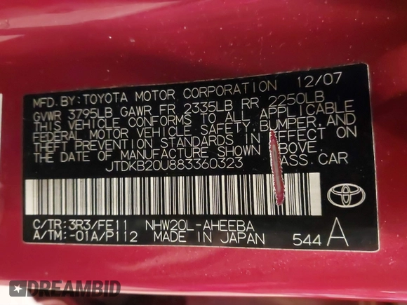 2008 Toyota Prius with VIN JTDKB20U883360323, listed as a IAAI auction lot 41357695 with 24,182 mi miles. Bid and sale history available at carsss.com. Image 9.