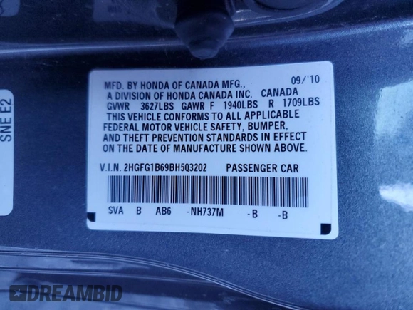 2011 Honda Civic Cpe LX with VIN 2HGFG1B69BH503202, listed as a Copart auction lot 45139915 with 124,951 mi miles and Salvage Title. Bid and sale history available at carsss.com. Image 12.