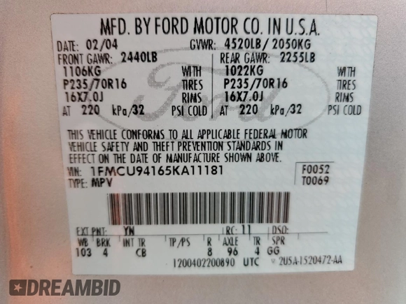 2005 Ford Escape Limited with VIN 1FMCU94165KA11181, listed as a Copart auction lot 62880725 with 180,152 mi miles and Salvage title. Bid and sale history available at DreamBid. Image 14.