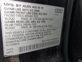 2019 Audi Q8 Prestige with VIN WA1FVAF14KD042257, listed as a Copart auction lot 52573915 with 59,025 mi miles and Salvage Title. Bid and sale history available at carsss.com. Image 14.