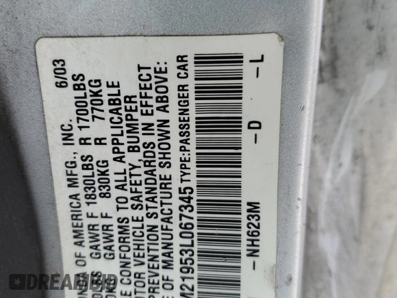 2003 Honda Civic EX with VIN 1HGEM21953L067345, listed as a Copart auction lot 43587705 with Not Provided miles and Salvage Title. Bid and sale history available at DreamBid. Image 12.