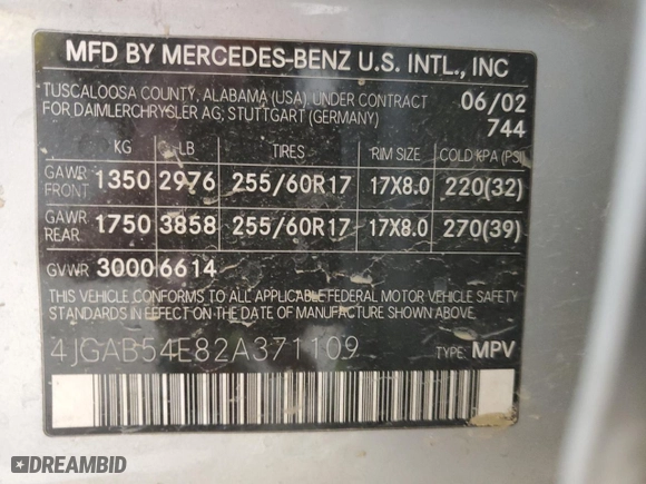 2002 Mercedes-Benz M-Class with VIN 4JGAB54E82A371109, listed as a Copart auction lot 85259334 with 145,763 mi miles and Salvage Title. Bid and sale history available at carsss.com. Image 14.