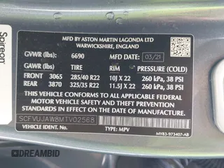2021 Aston Martin DBX z VIN SCFVUJAW8MTV02568, wystawiony jako IAAI lot #42183964 z przebiegiem 53 608 mil mil oraz . Historia ofert i sprzedaży dostępna na DreamBid. Obrazek 9.