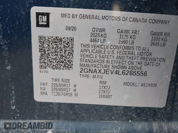 2020 Chevrolet Equinox LT with VIN 2GNAXJEV4L6285556, listed as a IAAI auction lot 42075309 with 28,268 mi miles and . Bid and sale history available at DreamBid. Image 9.