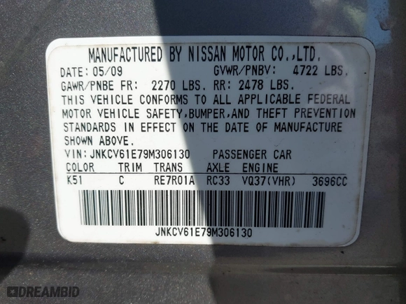2009 Infiniti G37 Sedan Journey with VIN JNKCV61E79M306130, listed as a IAAI auction lot 41324303 with 174,917 mi miles. Bid and sale history available at carsss.com. Image 9.