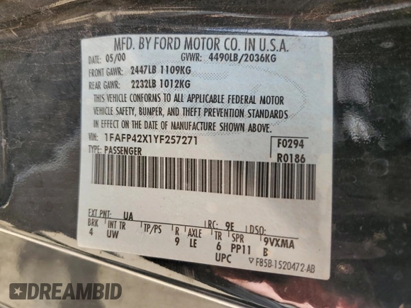 2000 Ford Mustang GT with VIN 1FAFP42X1YF257271, listed as a Copart auction lot 47665405 with 120,547 mi miles and Salvage Title. Bid and sale history available at carsss.com. Image 12.