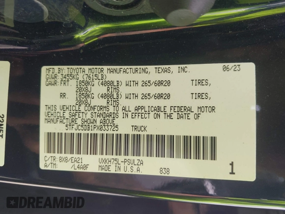 2023 Toyota Tundra Limited Hybrid with VIN 5TFJC5DB1PX033725, listed as a IAAI auction lot 42729682 with 15,767 mi miles and . Bid and sale history available at DreamBid. Image 9.