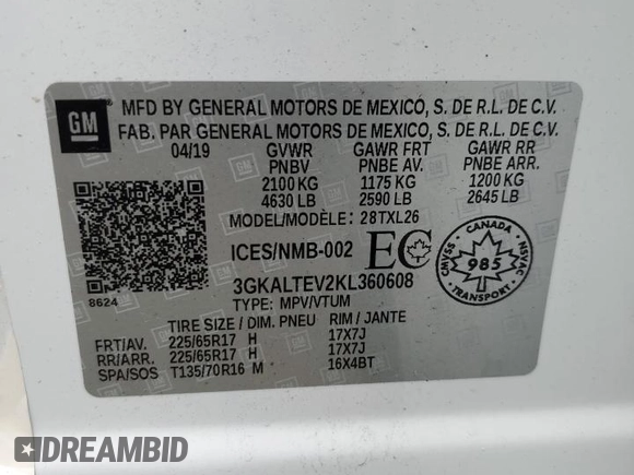 2019 GMC Terrain SLE z VIN 3GKALTEV2KL360608, wystawiony jako Copart lot #62577555 z przebiegiem 120 763 mil mil oraz Czysty tytuł • Clean title. Historia ofert i sprzedaży dostępna na DreamBid. Obrazek 13.