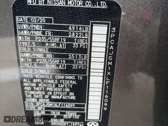 2020 Infiniti QX50 Essential с VIN 3PCAJ5M1XLF116099, выставлен на аукционе Copart как лот 56824854 с пробегом 61 577 миль миль и Списание • Salvage title. История ставок и продаж доступна на DreamBid. Изображение 15.