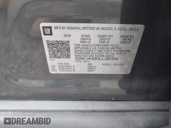 2020 Chevrolet Trax LS with VIN 3GNCJKSB3LL185308, listed as a IAAI auction lot 41206228 with 59,206 mi miles. Bid and sale history available at carsss.com. Image 9.