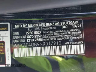 2022 Mercedes-Benz C 300 with VIN W1KAF4GB9NR017910, listed as a IAAI auction lot 42181450 with 41,588 mi miles and . Bid and sale history available at DreamBid. Image 9.