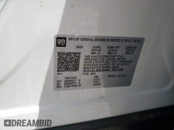2024 GMC Terrain SLE with VIN 3GKALMEG4RL332729, listed as a Copart auction lot 53540215 with 10,606 mi miles and Clean title. Bid and sale history available at DreamBid. Image 14.