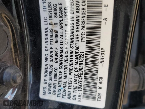 2019 Honda Insight EX with VIN 19XZE4F59KE018221, listed as a Copart auction lot 50454905 with Not Provided miles and Salvage Title. Bid and sale history available at DreamBid. Image 12.