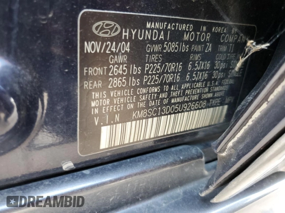 2005 Hyundai Santa Fe GLS with VIN KM8SC13D05U926608, listed as a Copart auction lot 69469634 with 180,851 mi miles and Salvage Title. Bid and sale history available at carsss.com. Image 10.