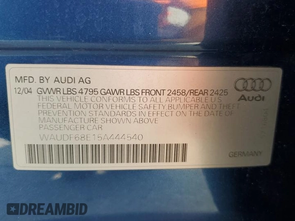 2005 Audi A4 2.0T with VIN WAUDF68E15A444540, listed as a Copart auction lot 73312214 with 180,183 mi miles and Salvage Title. Bid and sale history available at carsss.com. Image 12.