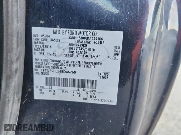 2004 Ford F-250 XL with VIN 1FTNF20L54ED46760, listed as a Copart auction lot 66111495 with Not provided miles and Clean title. Bid and sale history available at DreamBid. Image 12.