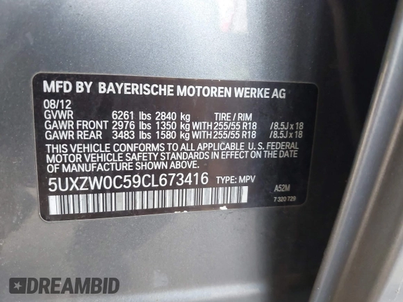 2012 BMW X5 35d with VIN 5UXZW0C59CL673416, listed as a IAAI auction lot 41910233 with 70,008 mi miles and . Bid and sale history available at DreamBid. Image 9.