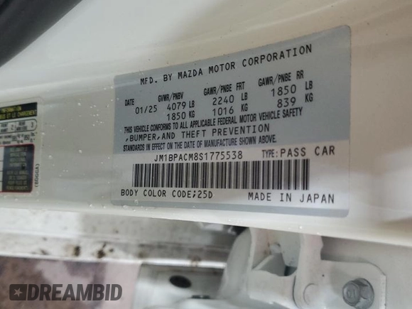 2025 Mazda 3 S Preferred z VIN JM1BPACM8S1775538, wystawiony jako Copart lot #57874615 z przebiegiem 851 mil mil oraz Czysty tytuł • Clean title. Historia ofert i sprzedaży dostępna na DreamBid. Obrazek 12.