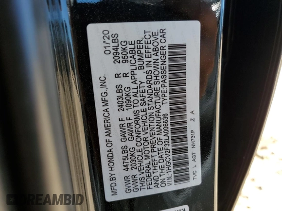 2020 Honda Accord Sport with VIN 1HGCV2F32LA006636, listed as a Copart auction lot 57276435 with 67,773 mi miles and Salvage title. Bid and sale history available at DreamBid. Image 12.