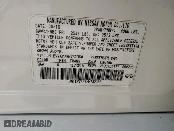 2017 Infiniti Q50 Premium with VIN JN1EV7AP7HM732368, listed as a Copart auction lot 59791965 with 127,699 mi miles and Salvage title. Bid and sale history available at DreamBid. Image 13.