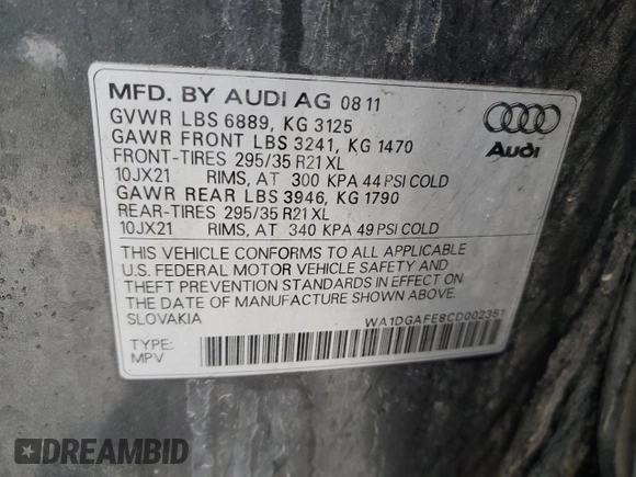 2012 Audi Q7 3.0T S line with VIN WA1DGAFE8CD002351, listed as a Copart auction lot 86126754 with 108,138 mi miles and Salvage Title. Bid and sale history available at carsss.com. Image 14.
