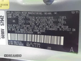 2012 Toyota Sienna SE with VIN 5TDXK3DC3CS189064, listed as a IAAI auction lot 42022390 with 193,016 mi miles and . Bid and sale history available at DreamBid. Image 9.