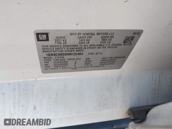 2017 Chevrolet Tahoe LS with VIN 1GNSCAKC8HR125484, listed as a IAAI auction lot 41828707 with Not provided miles and . Bid and sale history available at DreamBid. Image 9.