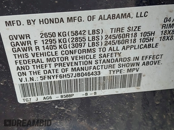 2018 Honda Pilot EX-L with VIN 5FNYF6H57JB046433, listed as a IAAI auction lot 42296714 with Not provided miles and . Bid and sale history available at DreamBid. Image 9.