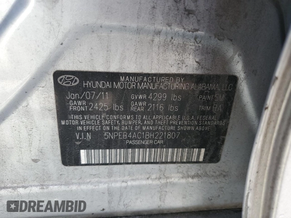 2011 Hyundai Sonata GLS with VIN 5NPEB4AC1BH221807, listed as a Copart auction lot 49479515 with 168,318 mi miles and Clean Title. Bid and sale history available at carsss.com. Image 12.