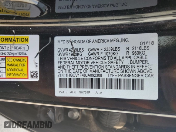 2018 Honda Accord EX with VIN 1HGCV1F48JA092308, listed as a Copart auction lot 58187935 with 146,928 mi miles and Salvage title. Bid and sale history available at DreamBid. Image 12.