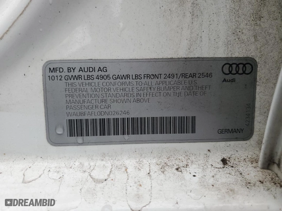 2013 Audi A4 Premium with VIN WAUBFAFL0DN026246, listed as a Copart auction lot 42875345 with 148,375 mi miles and Clean Title. Bid and sale history available at carsss.com. Image 12.